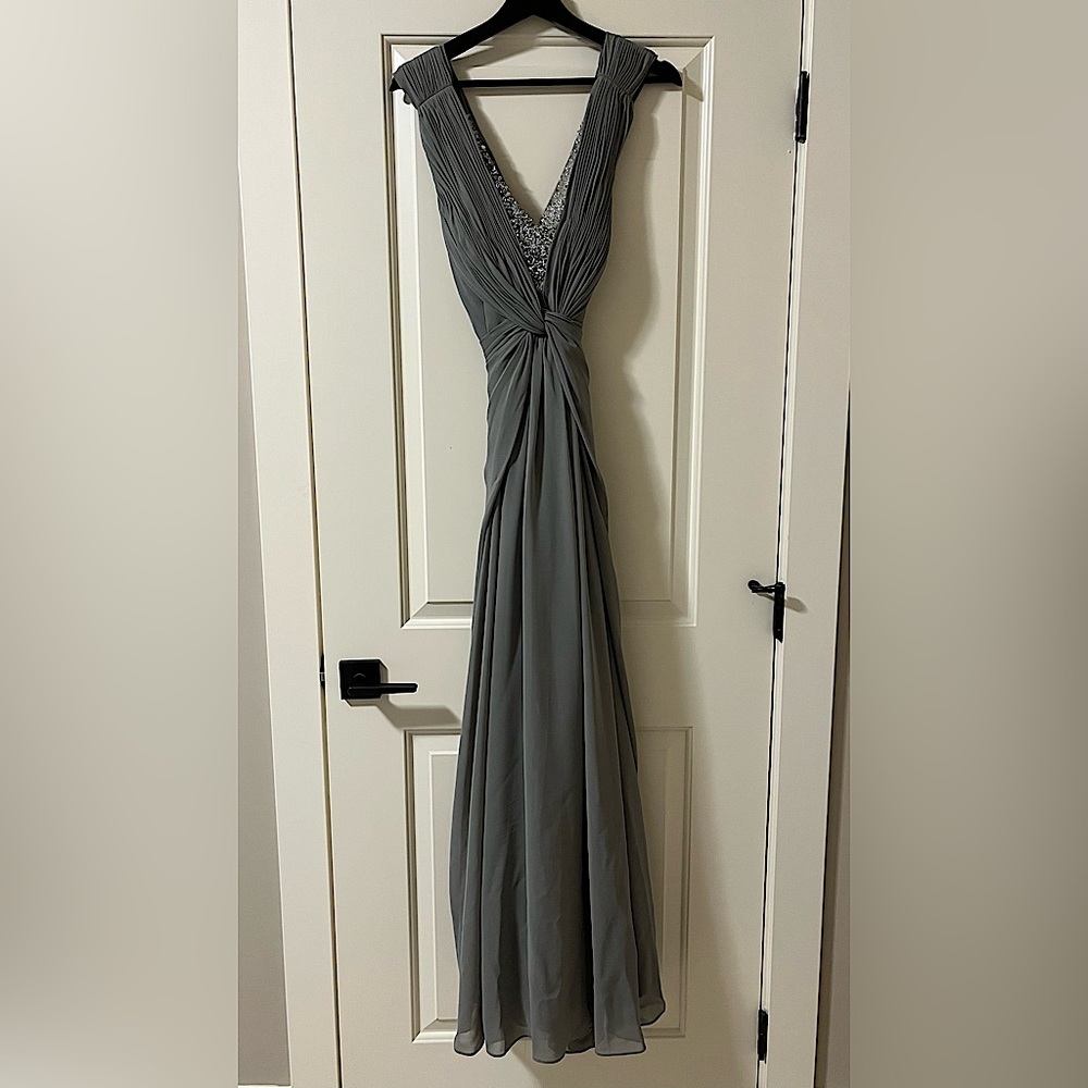 Grey custom evening down with beading detail